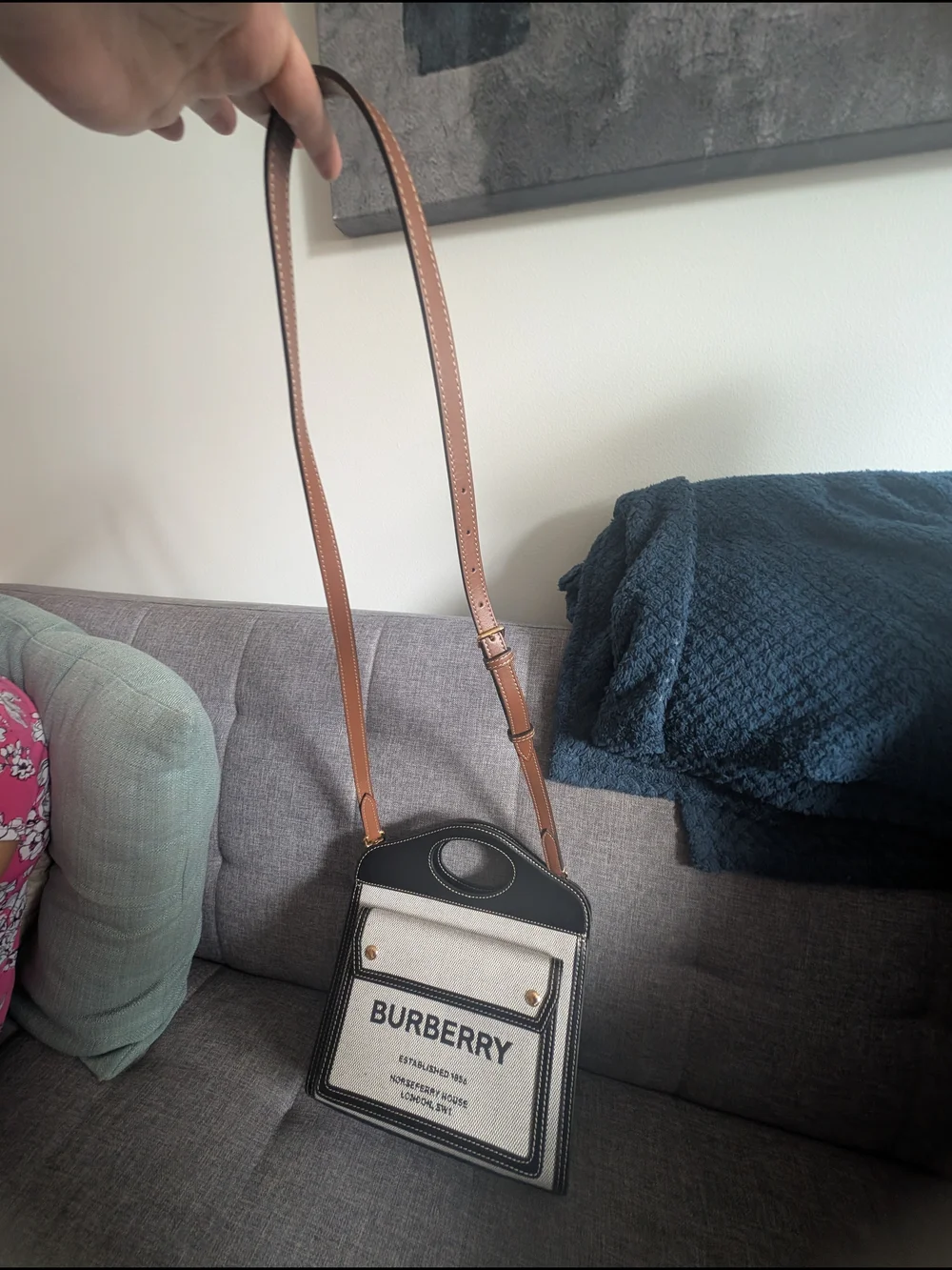 Burberry Black & White Canvas Tote Bag with Top Handle